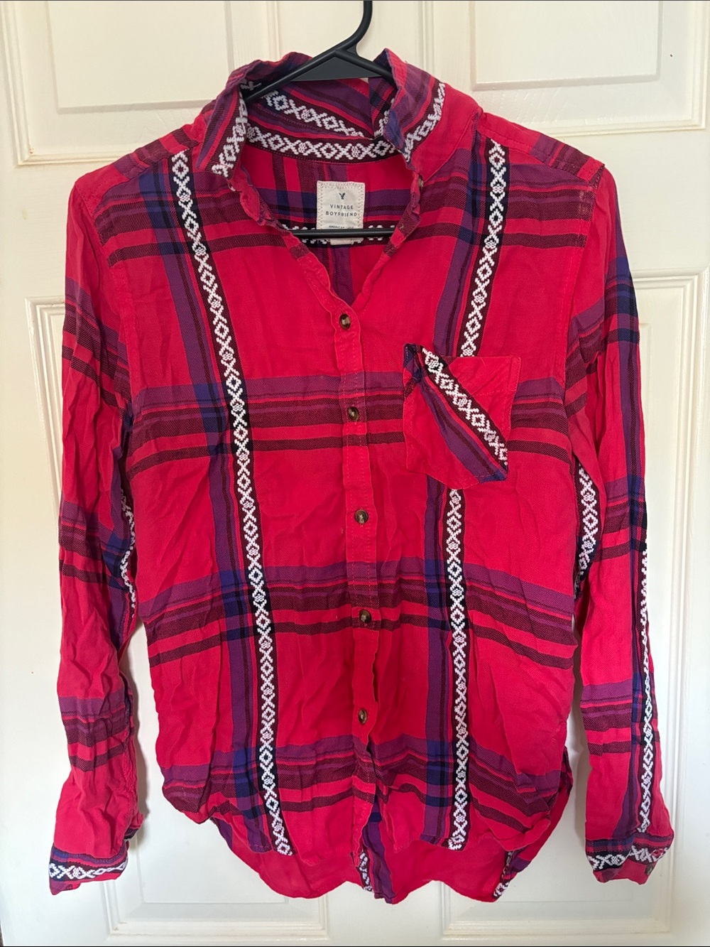 American Eagle Outfitters Pink and Purple Plaid Button-Up Shirt